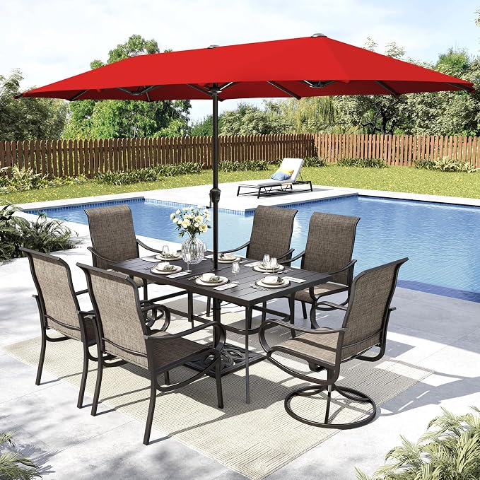 MFSTUDIO Patio Dining Set with Umbrella, Outdoor Dining Set for 6 Persons, Patio Furniture Set with 1 Rectangular Table Fixed Chairs 2 Swivel Chairs & Orange Red Umbrella (Base not Included)