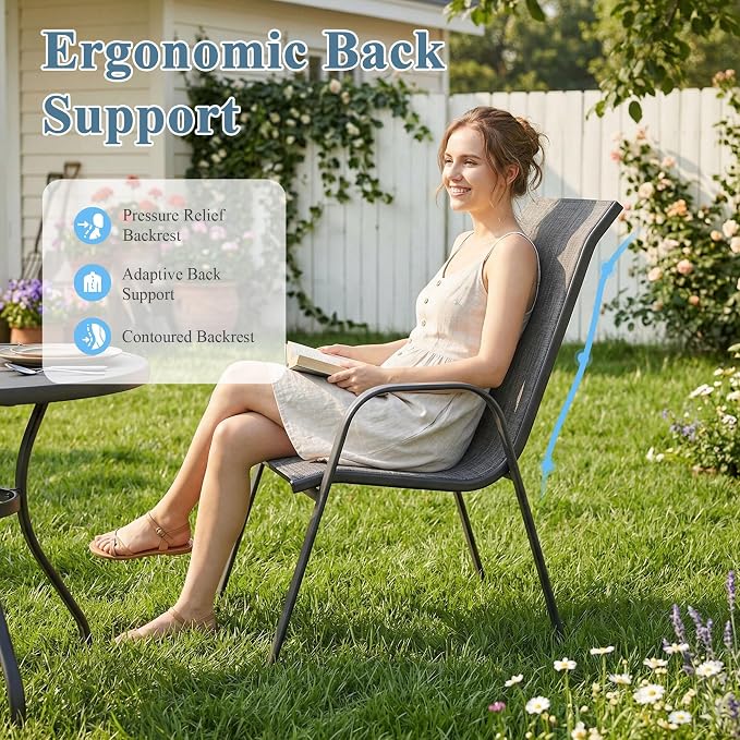 DIFY 9 Piece Outdoor Dining Set, 53" Round Metal Dining Table and Textilene Stackable Patio Chairs, Patio Table and Chairs Set for 8 with Umbrella Hole for Backyard Garden Deck, Grey