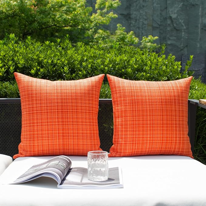 Kevin Textile Outdoor Waterproof 26x26 Inch Pillow Covers 2 Pack, Orange | Water Resistant, Faux Linen Yarn-dyed, Woven Texture Euro Throw Pillow Covers for Tent Patio Garden Couch Sofa