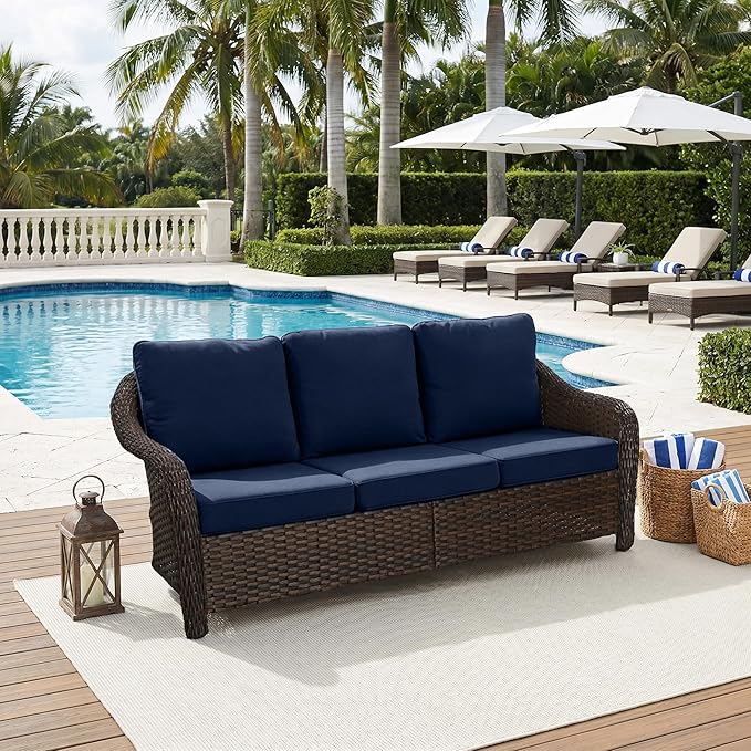 77 inch Outdoor Wicker 3 Seater Sofa, All-Weather Use Patio Rattan Sofa with Seat and Back Cushion, Ideal for Porch, Backyard, Balcony, Poolside, Blue