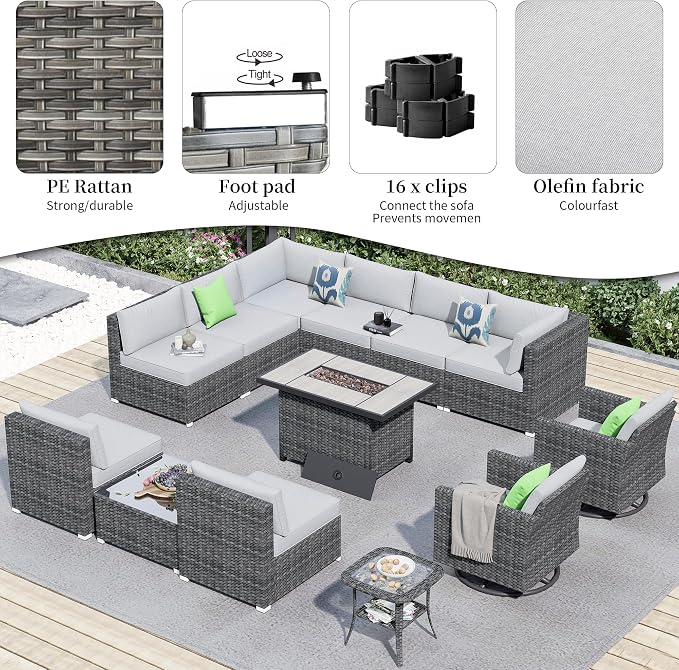 HOOOWOOO 13 Piece Patio Sectional Furniture Set with Fire Pit Table,Modern Wicker Outdoor Conversation Sofa Sets,All Weather Modular L Shaped Outside Couch Swivel Chair Set(Light Grey)