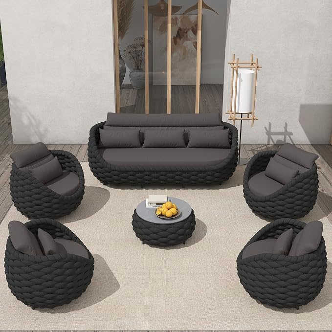 TWT 6-Piece Aluminum Patio Furniture Set, Modern Outdoor Conversation Set Sectional Sofa with Water Repellent Thick Cushions and Coffee Table for Balcony, Garden