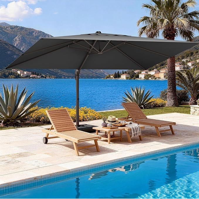 9' X 12' Cantilever Patio Umbrella Rectangle Outdoor Umbrella, 6-Level Tilt & 360° Rotation Offset Umbrella for Garden, Deck, Pool (Grey)