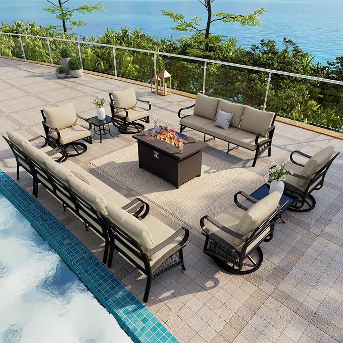 11-Piece Outdoor Furniture Set, Metal Swivel Rocking Chairs with All-Weather Cushions, Patio Conversation Set with Fire Pit Table for Deck, Porch, Garden, Backyard, Poolside (Beige Cushions)