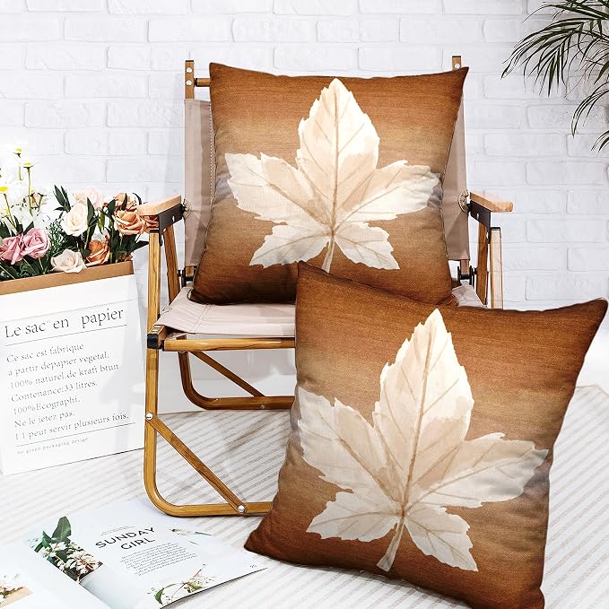 Thanksgiving Fall Decor Pillow Covers Maple Leaf Pillow Cover 24x24 Autumn Decorations Cushion Covers Brown Cotton Linen Pillow Cases for Patio Furniture Couch Outdoor Set of 2