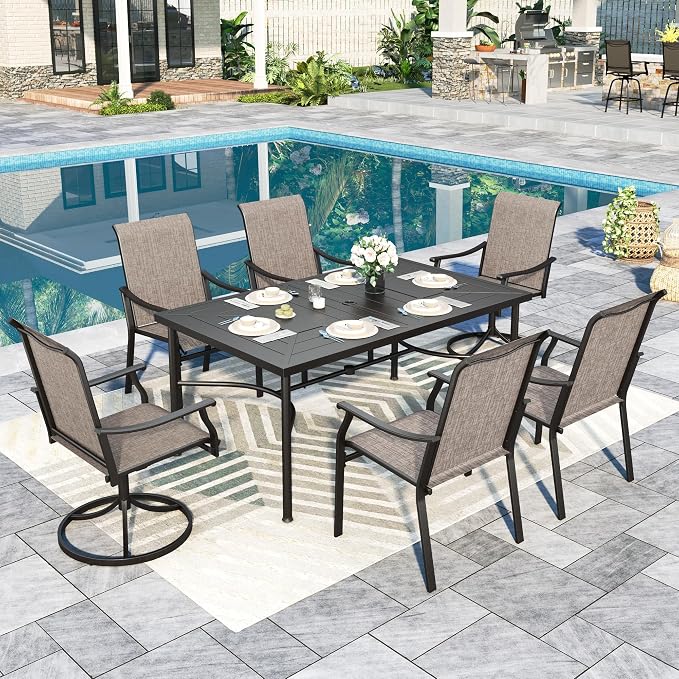 Sophia & William 7 Pieces Patio Dining Set, 4 x Patio Dining Chairs and 2 x Swivel Dining Chairs, 64" Wood Like Top Table, Patio Furniture for Lawn, Park
