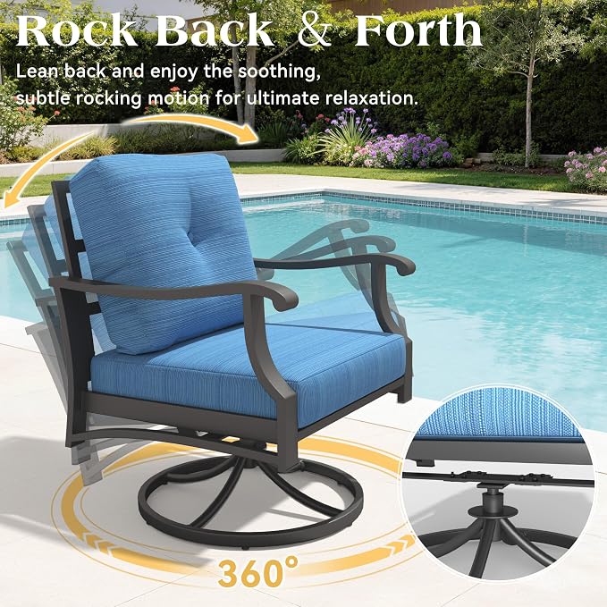 6 Piece Aluminum Patio Conversation Set, Outdoor Metal Furniture Set w/Rocking Swivel Chairs, 3-Seat Sofa, Ottomans and Coffee Table, 5" Thickened Cushions for Backyard, Poolside, Blue