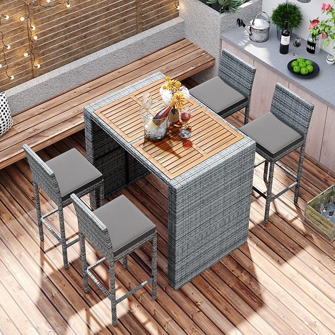 5 piece Patio Wicker Bar Set for 4, Outdoor Bar Height Table & 4 Rattan Cushioned Stool Chairs with Non-Slip Feet and Fixed Rope, Acacia Wood Table Top, Space Saving Design, Gray