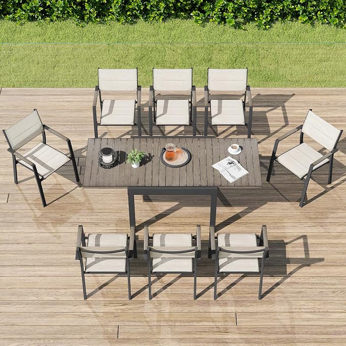 9 Piece Outdoor Dining Set, Expandable Outdoor Patio Dining Table Set for 6-8 Person, Aluminum Outdoor Table and 8 Chairs with Textilene Fabric & Armrest for Patio, Garden, Lawn, Deck(Grey)