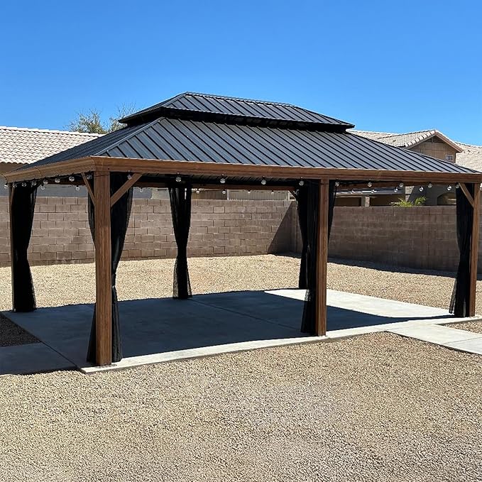 PURPLE LEAF 14' X 20' Outdoor Hardtop Gazebo for Patio Galvanized Steel Double Roof Permanent Canopy Teak Finish Coated Aluminum Frame Pavilion Gazebo with Netting and Lights