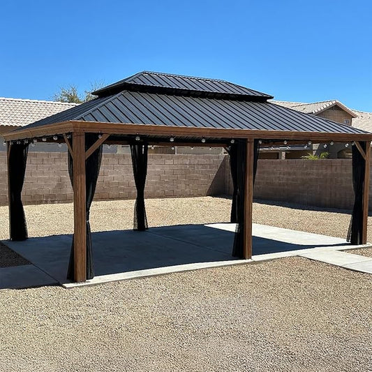 PURPLE LEAF 14' X 20' Outdoor Hardtop Gazebo for Patio Galvanized Steel Double Roof Permanent Canopy Teak Finish Coated Aluminum Frame Pavilion Gazebo with Netting and Lights