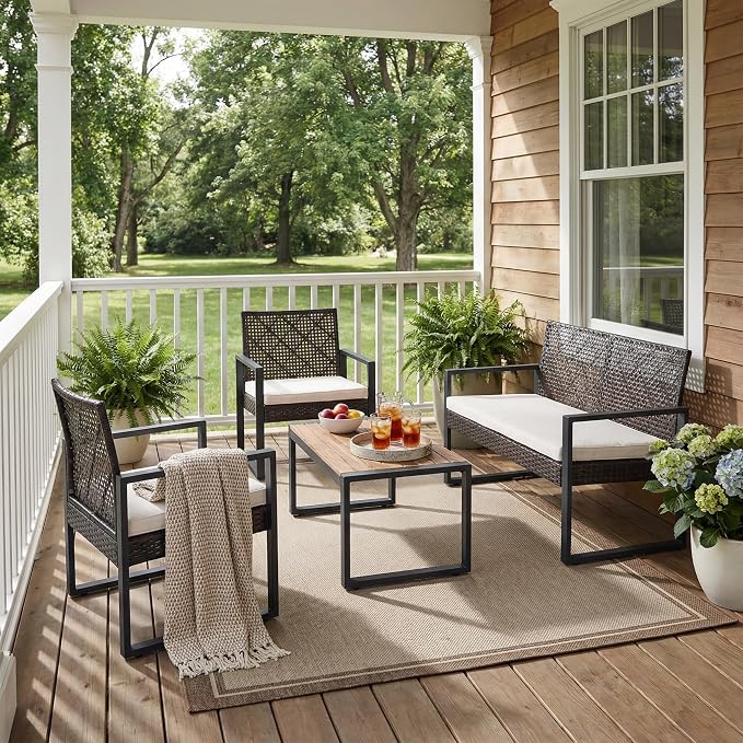 OVENTA Outdoor Patio Furniture Set, 4 Piece Rattan Chairs with Coffe Table for Backyard, Balcony, Deck, Front Porch, Patio Conversation Seating Sets for Outside, Juego Muebles de Exterior(Brown)