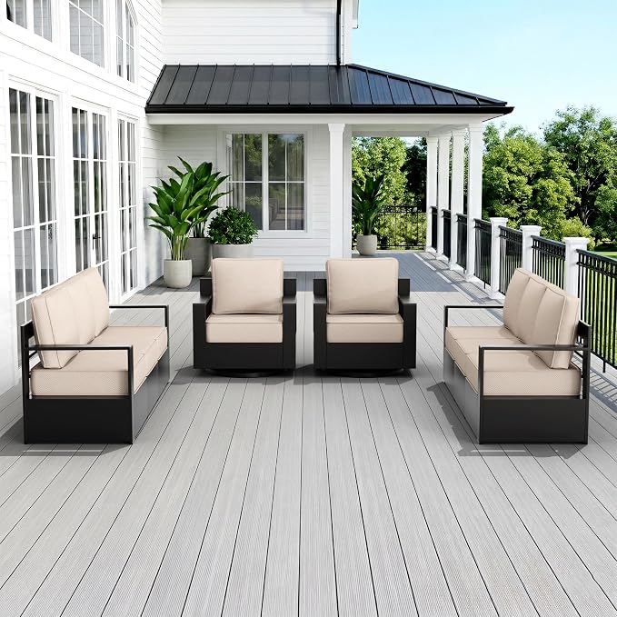 Outdoor Patio Furniture Set, 4-Piece Aluminum Patio Conversation Set All-Weather Metal Outdoor Sectional with 6 Inch Thick Cushions, Deep Setting for Garden, Outside and Porch, Beige