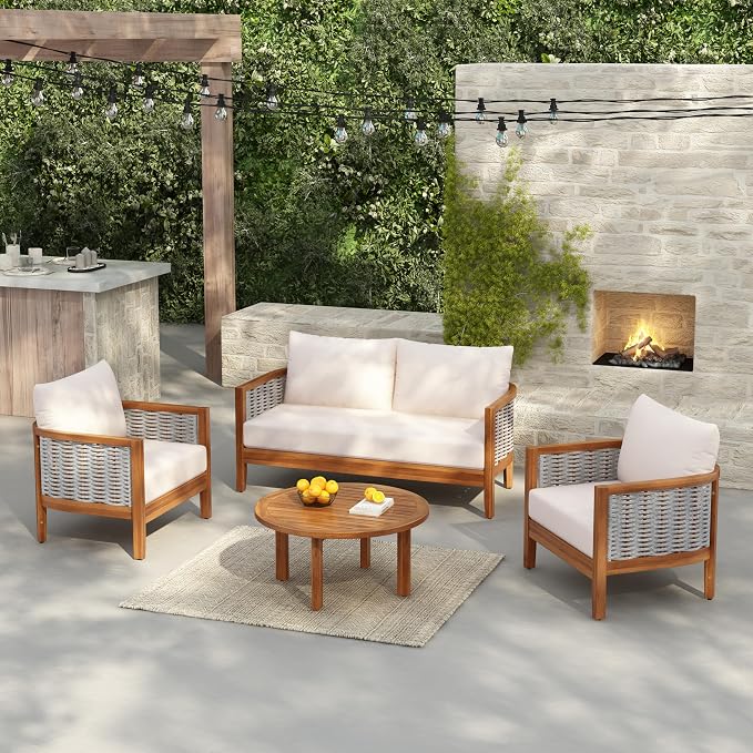 Merax 4 Pieces Acacia Wood Patio Furniture Set, Outdoor Woven Rope Conversation Sets with 1 Loveseat, 2 Chairs and Round Table for Backyard, Porch, Garden, Deep Seating & Soft Cushions, Teak+Beige