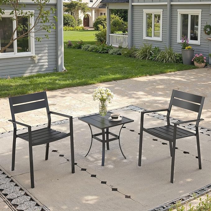 Small Patio Dining Set for 2, 18.1" Square Outdoor Side Table and Stackable Patio Dining Chairs Outdoor Furniture for Garden Deck Backyard, Black Table and Black Chairs