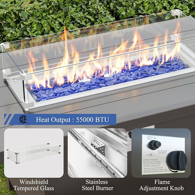ALAULM Aluminum Patio Furniture Set with Propane Fire Pit Table 7-seat Metal Outdoor Furniture w/Swivel Chairs Patio Sectional Sofas w/2 Ottomans for Porch, Backyard, Poolside-Dark Blue