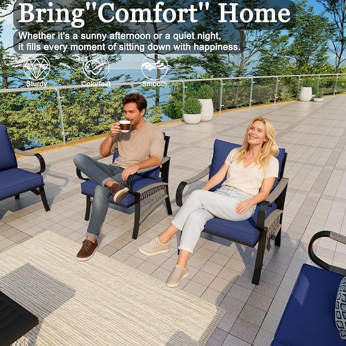 5 Pieces Patio Conversation Sets, All Weather Metal Outdoor Furniture Set with Sectional Sofa Loveseat Couch for Backyard Garden Deck Porch Poolside (Blue Cushions)