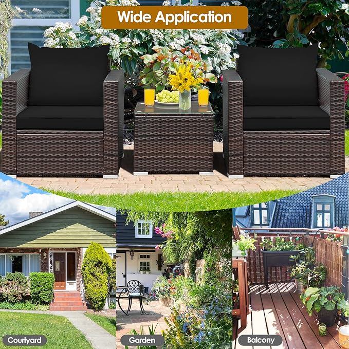Patio Conversation Set Outdoor, 3-Piece Rattan Wicker Furniture Set with Water-Resistant Cushion & Tempered Glass Tabletop, Patio Furniture Set for Balcony, Porch, Poolside (Black)