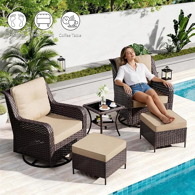 7-Piece Patio Furniture Set,Outdoor Conversation Sets w/Fire Pit Table&High Back Wicker Swivel Rocker Chairs,All-Weather Wicker Sectional Sofa for Deck,Yard and Poolside,Sand