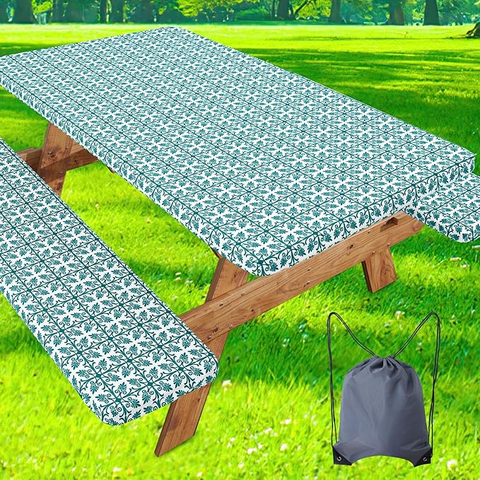 misaya Picnic Table Cover with Bench Cover, Waterproof Elastic Fitted Tablecloth for 8 Foot Tables, Rectangle Washable Polyester Tablecloths for Picnic, Camping, Outdoor (Turquoise, 30" x 96")
