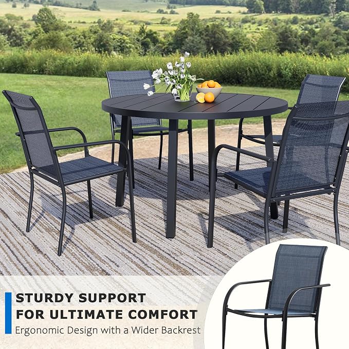 9-Piece Patio Furniture Set, Black Round Patio Table and Blue Chairs Set of 8, Outdoor Dining Set with Umbrella Hole for Garden, Yard, Patio