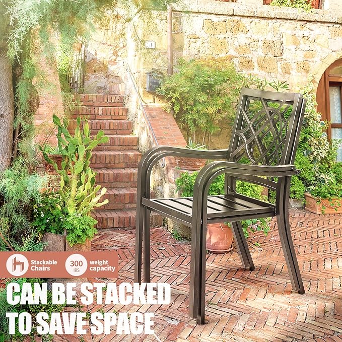 SUNCROWN 4 Pieces Wrought Iron Black Chairs 300 Lbs Outdoor Dining Chairs, Patio Metal Stackable Chair with Armrest for Backyard, Garden, Poolside