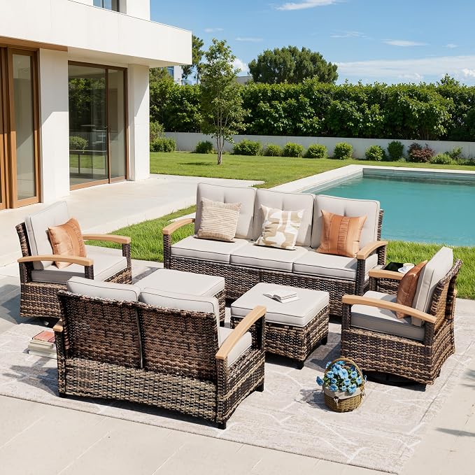 MEISSALIVVE 7 Pieces Outdoor Patio Furniture Sets, Wicker Patio Conversation Sets with 2 Wood Armrests Swivel Glide Chairs, Outdoor Couch for Deck Yard and Poolside (Beige)