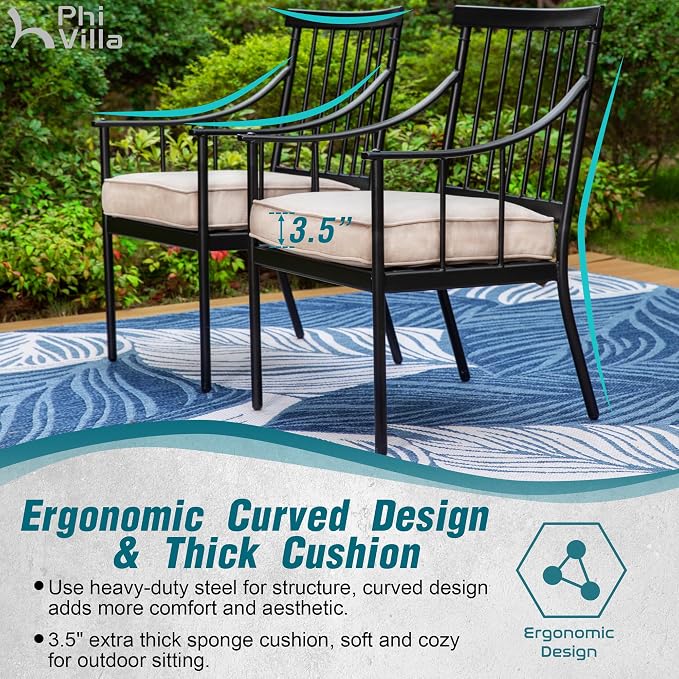 PHI VILLA 7 Piece, Outdoor Dining Set, 65"x39" Table, Umbrella Hole | Metal, Swivel Chairs, Cushions, Weather-Resistant, 360° Swivel, 300 lbs Capacity