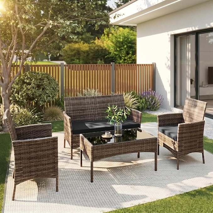 4 Pieces Outdoor Patio Furniture Set, Wicker Patio Conversation Set with Tea Table, All-Weather Outside Rattan Sectional Sofa for Backyard, Poolside, Garden, Balcony, Brown/Gray