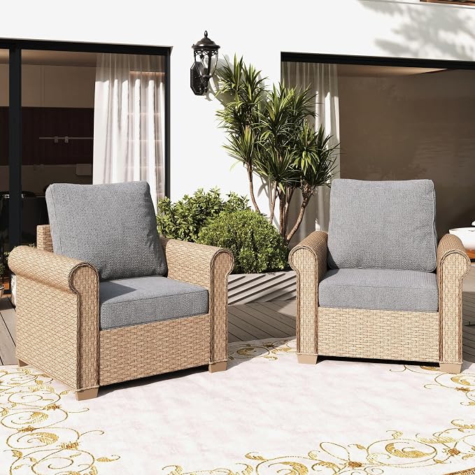 SUNSHINE VALLEY Patio Furniture Set 2 pcs, Wicker Rattan Outdoor Sofa Furniture with 5.5” Thick Cushions, 2 Chairs Outdoor Conversation Set for Garden Backyard Deck, Grey