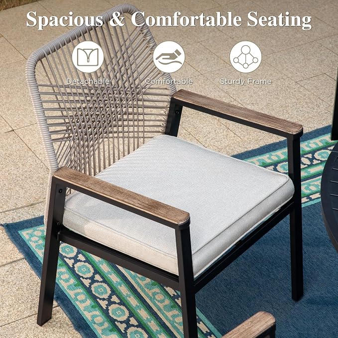 HERA'S HOUSE 5pc Patio Dining Set, 42" Round Table & 4 Rattan Chairs | Metal table with umbrella hole, cushioned chairs. Waterproof, rust-resistant, all-weather for backyard, porch.