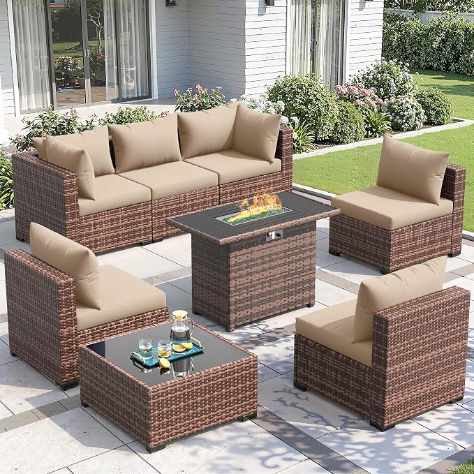 Amopatio 8 Pieces Patio Furniture Set with Fire Pit Table, Outdoor Sectional Conversation Sofa, All-Weather Wicker for Garden, Backyard, Porch, Balcony(Khaki)