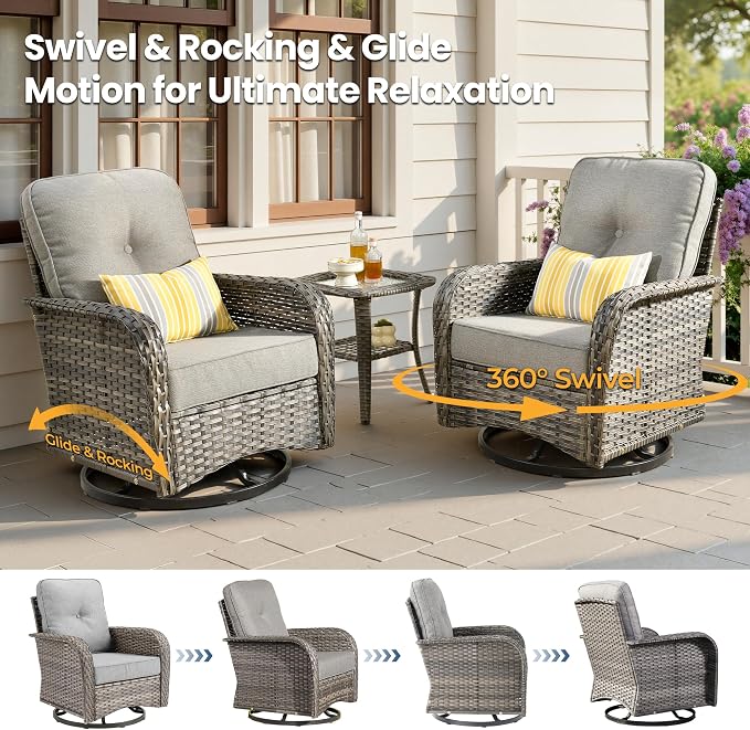 Weaxty Wicker Patio Furniture Set with Swivel Rocker Chairs Outdoor Loveseat Sofa and Rattan Coffee Table, 5 Pieces Outdoor Conversation Sets for Patio Porch Deck Backyard Poolside,Beige