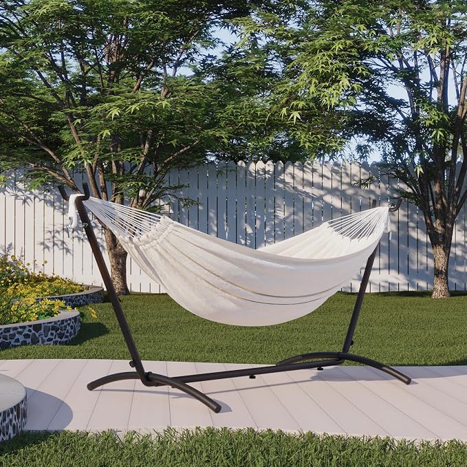 Mondeer Double Hammock with Portable Outdoor Stand 2 Person Hammock for Camping Beach Travel 200kg Load Capacity Beige