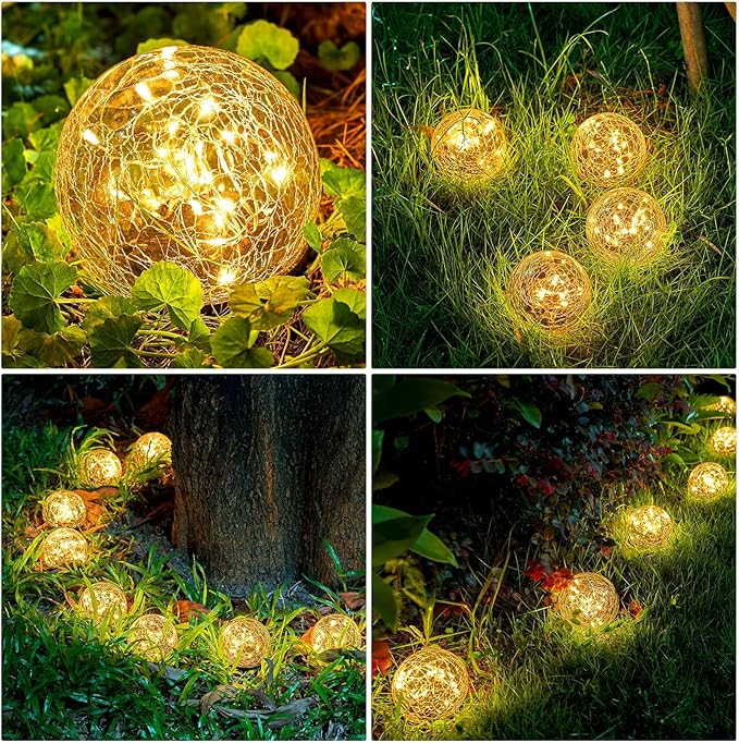 Honoson 3.9 Inch Solar Globe Lights Outdoor - Waterproof Cracked Glass Balls for Lawn Patio Yard Backyard Decorations, Warm White Solar LED Lights with Easy Installation,Durable Design (6 Pcs)
