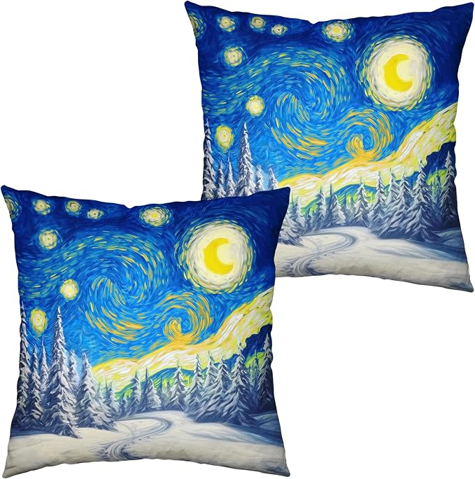 Winter Pine Forest Pillow Covers Van Gogh Starry Night Throw Pillow Covers Christmas Tree Pillowcase 16x16 Set of 2 Double Sided Printing Cushion Case for Living Room Couch Sofa
