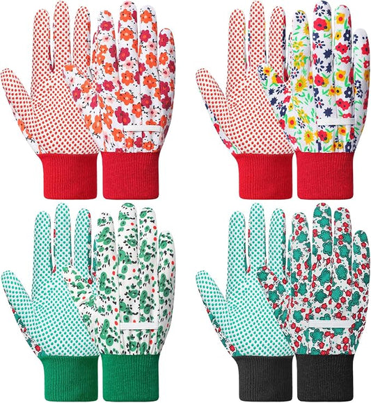 DOFOWORK Gardening Gloves, 4 Pair Floral Garden Gloves for Women with Dots | Soft Comfortable Fabric,Cute Floral Pattern,Anti-slip PVC Dots,Designed for Ladies,Yard Planting & Daily Gardening Work
