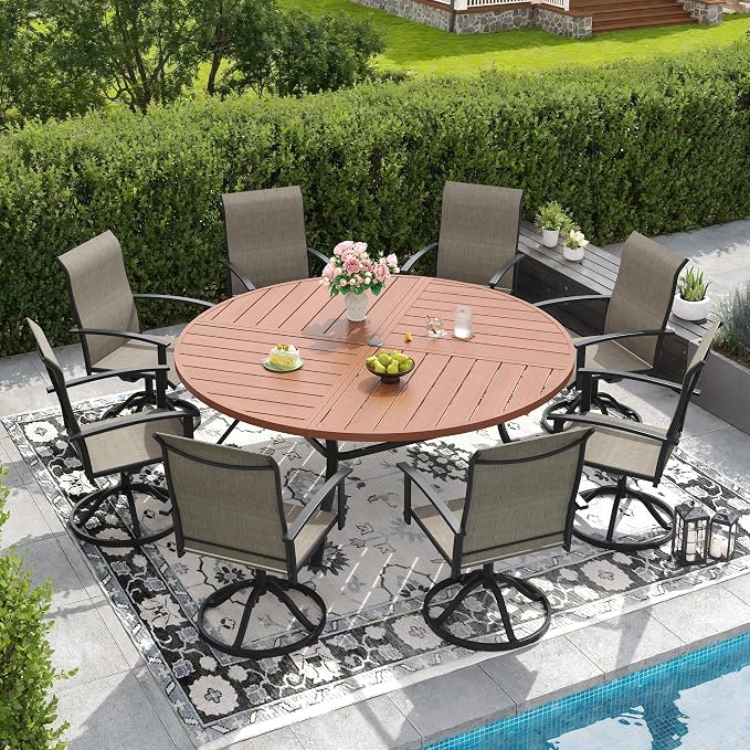 DIFY 9 Pieces Outdoor Dining Set, Metal Patio Table and Chairs Set for 8 with Umbrella Hole, 63" Walnut Round Table and Brown Textilene Swivel Patio Chairs for Garden, Backyard, Poolside