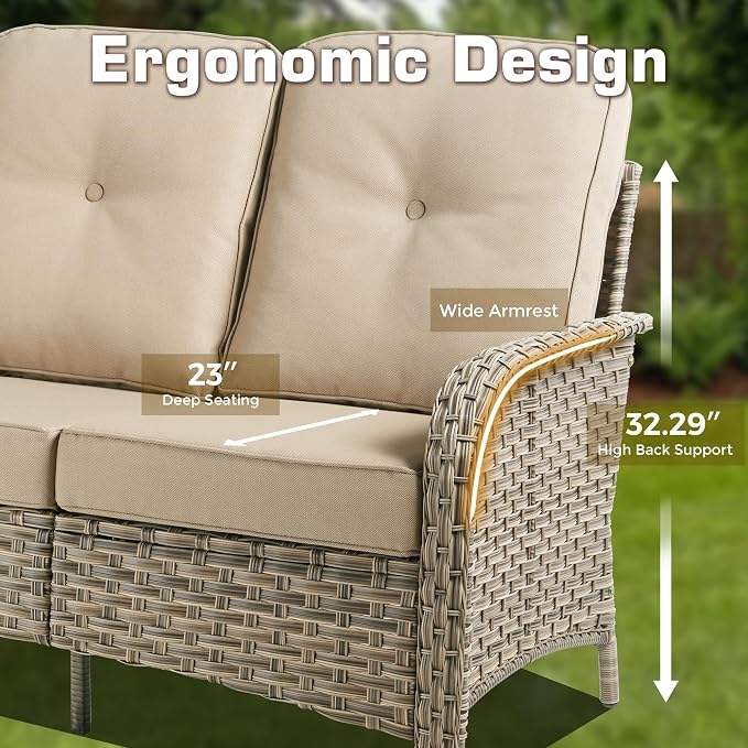4-Piece Outdoor Patio Furniture Set,All Weather Wicker Rattan Patio Seating Sofa and Chair Set with Glowing Coffee Table,Outdoor Conversation Sets with 3 Seater Couch for Porch Deck Yard,Beige