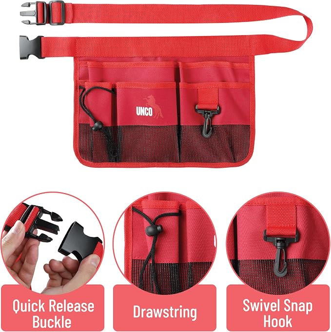 UNCO- Adjustable Gardening Belt, Red, 7 Pockets, Wear, Cut and Water Resistant, Garden Tool Belt Pouch, Waist Apron with Pockets