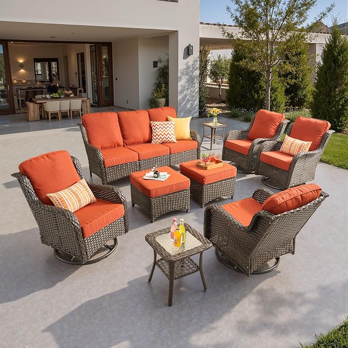 ovios 9-Piece Patio Furniture Set with Swivel Chairs Side Table, Outdoor Wicker Sofa with Comfy Cushions, High Back Couch Modern Conversation Sets, Brown/Orange Red