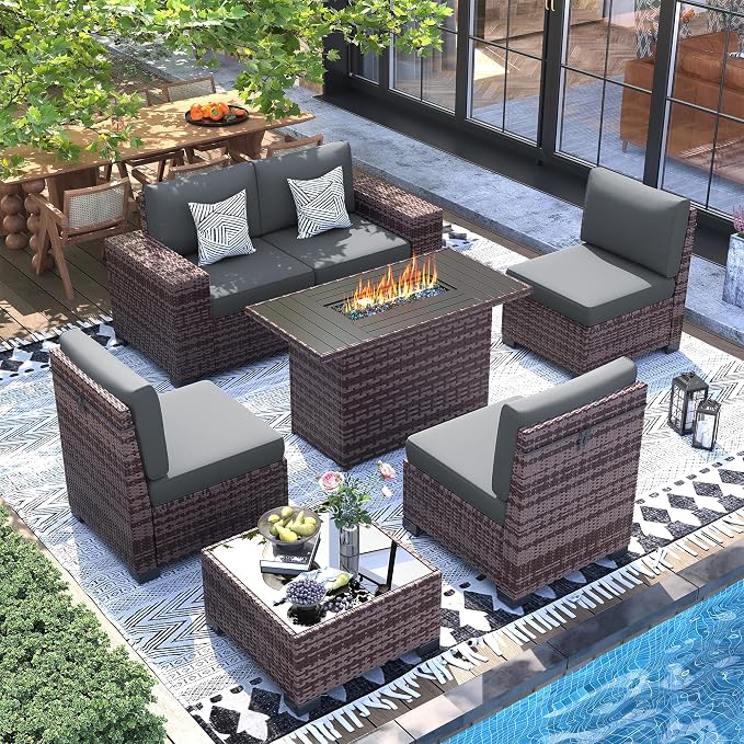 UDPATIO Furniture Set with Fire Pit Table, 8 Inch Wide Armrest 7 Piece Sectional Sofas, All-Weather Wicker Conversation for Garden, Backyard, Grey