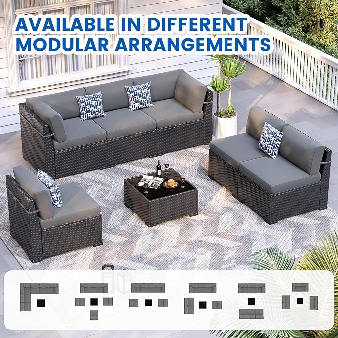 Patio Furniture Sets, 7-Piece Outdoor Patio Furniture with Thick Cushions,Coffee Table Outdoor All-Weather Conversation Set Sectional Sofa for Backyard, Poolside, Garden(Grey)