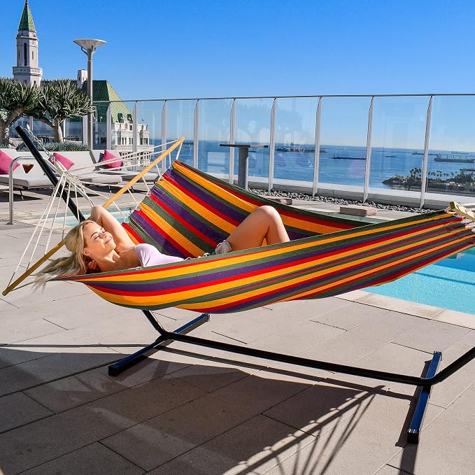 Sterling Sports Hammock for 2 Persons, 5ft Wide 420 lbs Capacity, Wooden Spreader for Outdoor Patio Yard Poolside, Tropical Rush