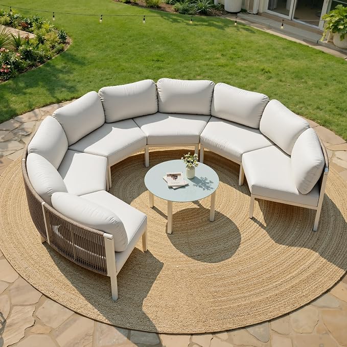 Crestlive Curved Patio Furniture Set, Modular Half Moon 6-Seater Sofa with Round Coffee Table, Aluminum Outdoor Sectional with 4.3" Cushions, All-Weather Couch for Backyard, Deck, Porch, Poolside