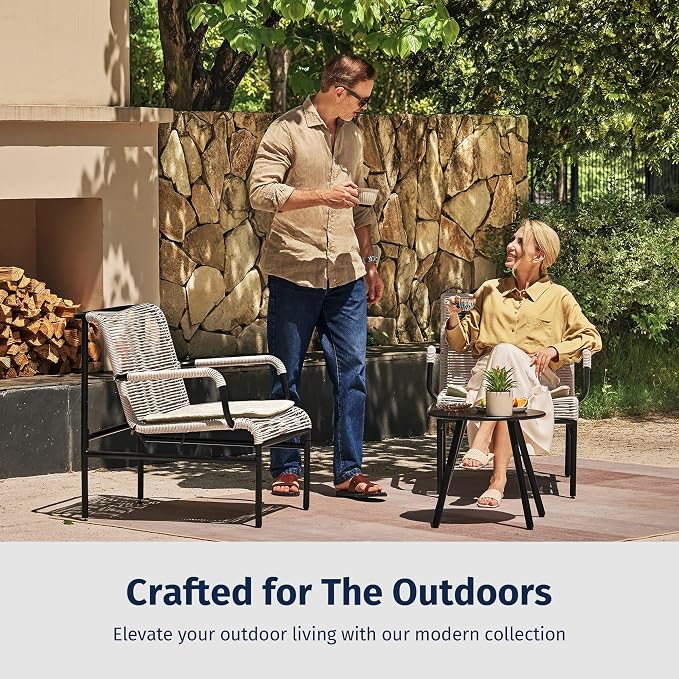 East Oak 3-Piece Patio Furniture Set, Outdoor Bistro Set with PE Rattan Wicker Wide Chairs, Soft Pads & Coffee Table, Modern All-Weather Wicker Patio Set for Garden and Porch, Creamy Apricot