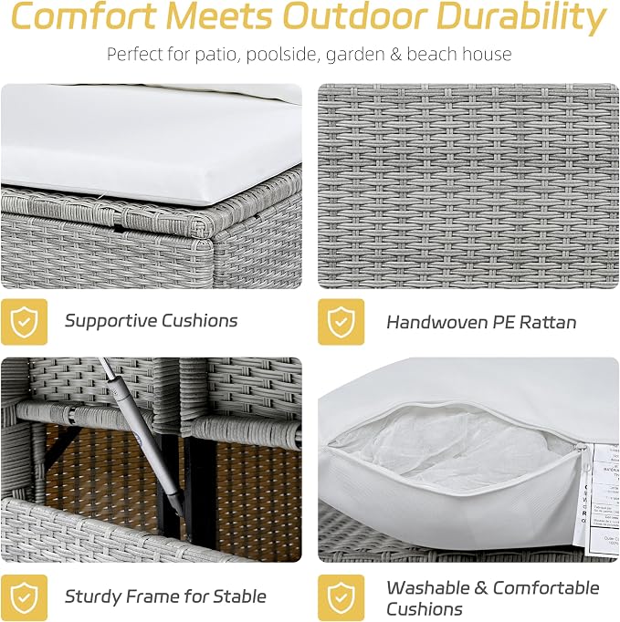 Polibi 5-Piece Outdoor Sectional Conversation Set Sofa, Rattan Wicker L-Shaped Patio Furniture Sets with 2 Extendable Side Tables, Patio Dining Table,Patio Benches for Outdoors,White