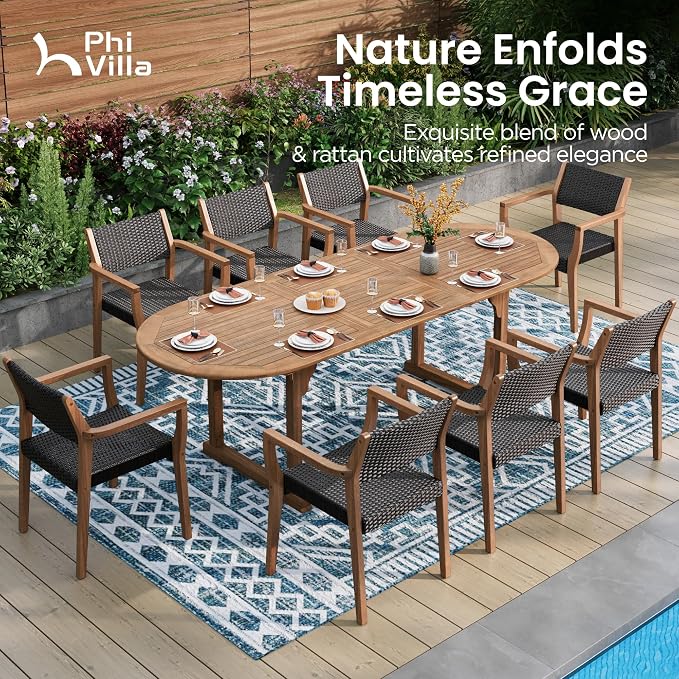 PHI VILLA Patio Acacia Wood Dining Chairs w/Wicker Back & Seat, 2PCS | Teak farmhouse armchairs for outdoor deck, porch, backyard