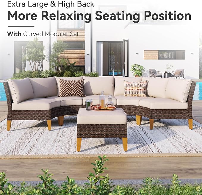 GREEN PARTY 11 Pieces Wicker Patio Furniture Set, All-Weather Outdoor Rattan Half-Moon Curved Patio Sectional Sofa Conversation Set 11 Seats for Garden, Backyard, 2 x Ottomans