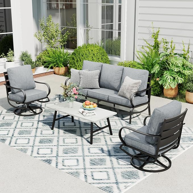 Sophia & William Patio Furniture Sets 5 Seats Outdoor Metal Conversation Sets 4 Pcs with 2 x Cushioned Swivel Sofa Chairs,1 x 3-Seat Sofa, 1x Marbling Metal Coffee Table Lawn Backyard Poolside Grey